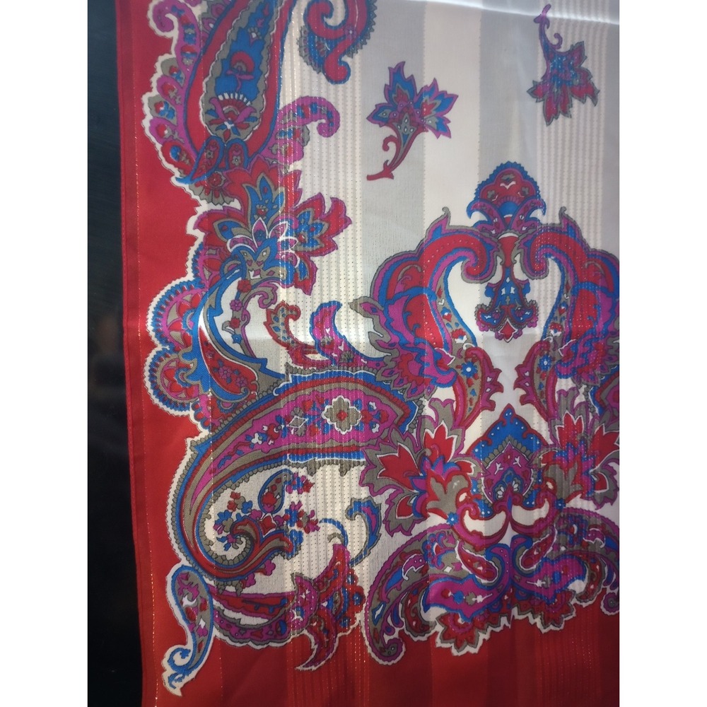 Vintage Italian‎ Paisley Scarf 15.5x60 – Metallic Red Blue Print – Polyester